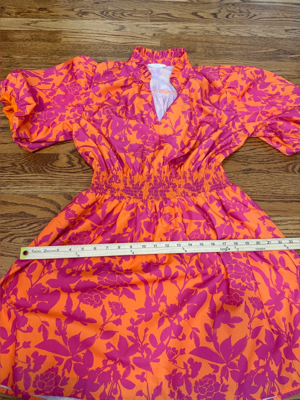 THML Orange and Pink Floral Smocked Waist Mini Dress Sz L - Picture 8 of 11